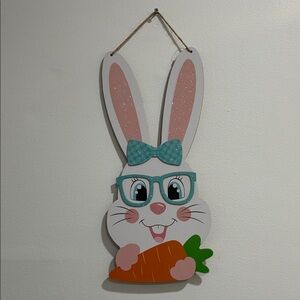 NWT- Cute Easter Bunny with Blue Glasses, Bow & Carrot Hanging Decoration Sign